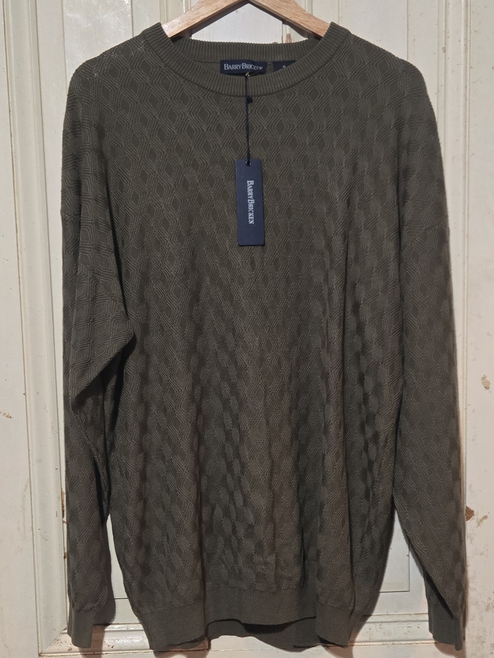 Vintage Olive Green Men's Crewneck Pullover Sweater With Basketweave Pattern